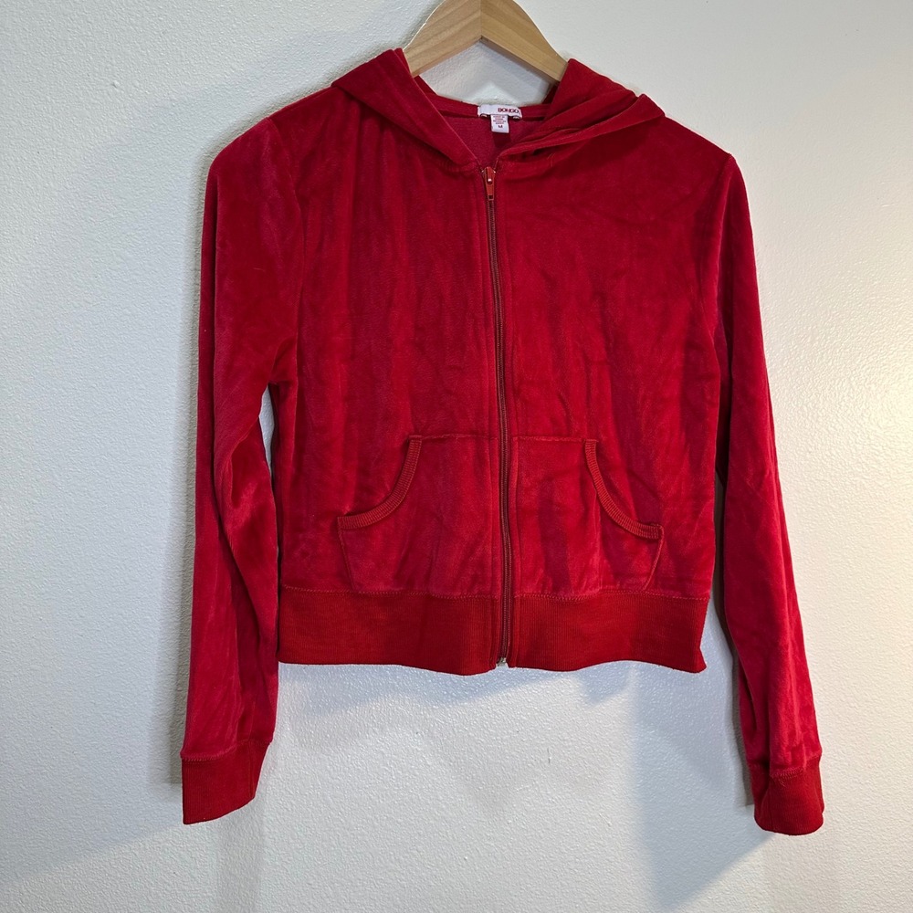Bongo Red Velour Zip Up Hoodie Hooded Jacket Size M